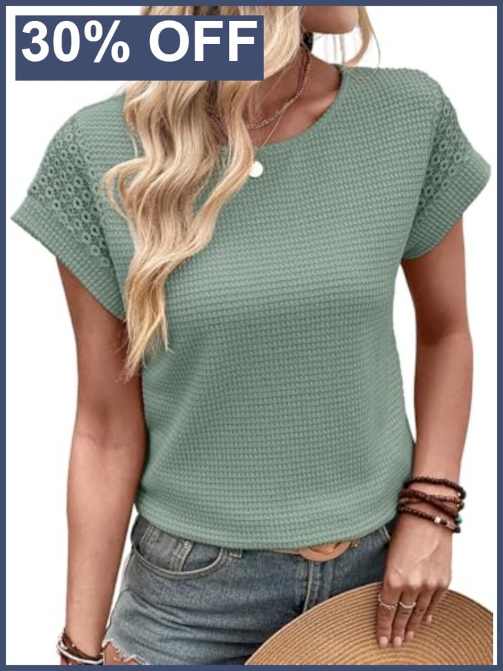 Waffle Knit Lace Hollow Out Short Sleeve Crewneck Loose Basic Tee Blouse